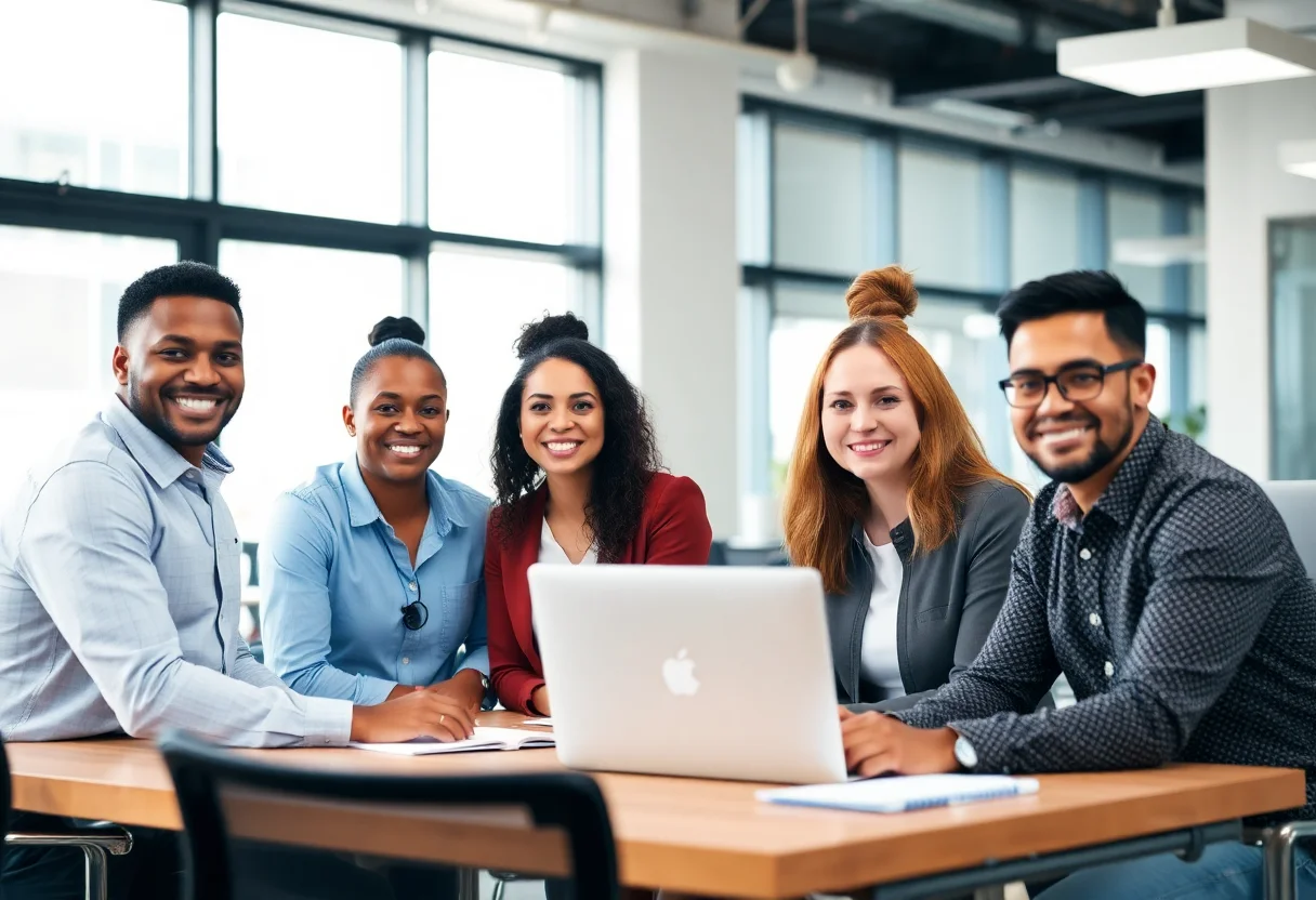 A group of diverse people working together supportively in a modern office.