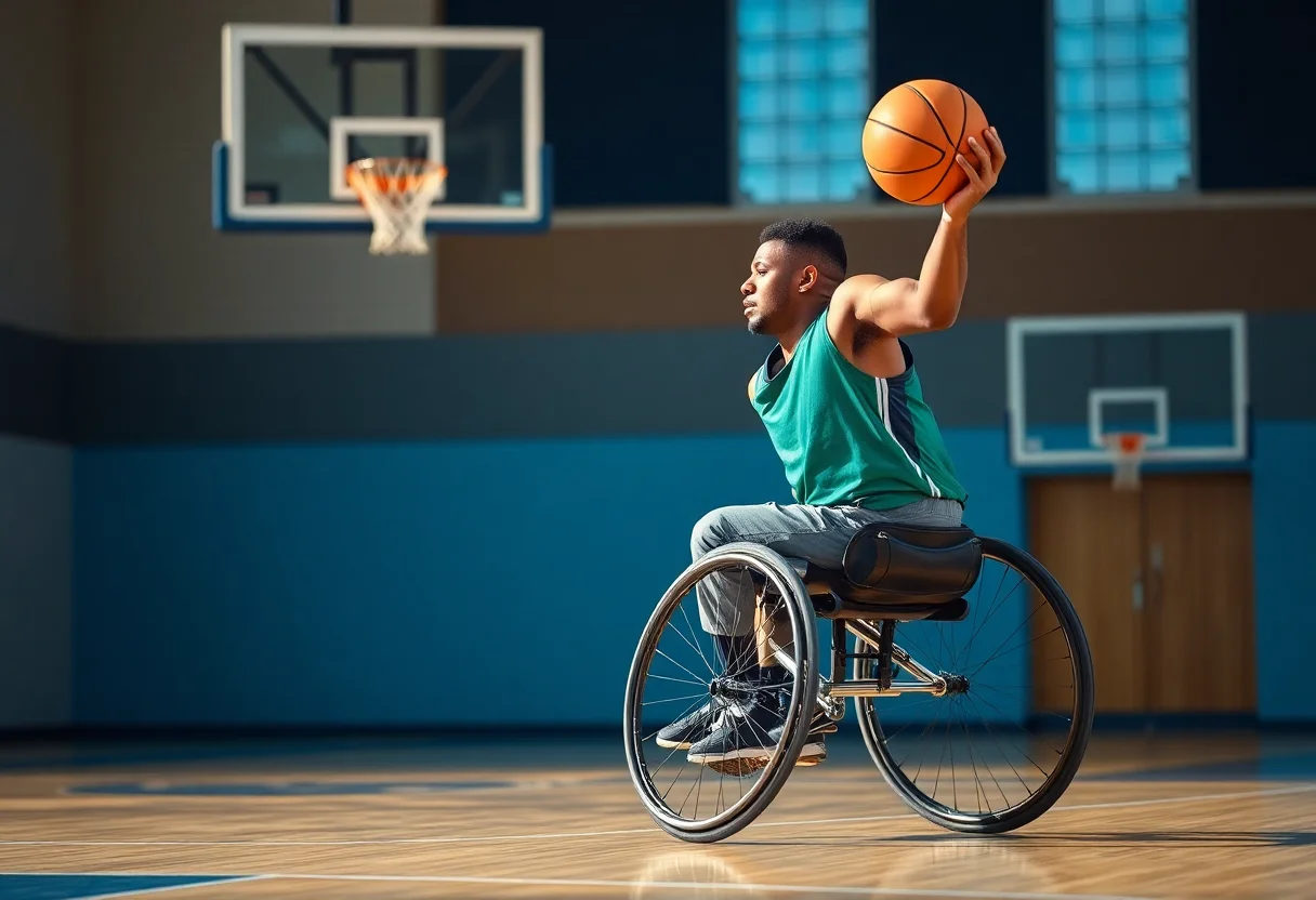Athlete in a wheelchair playing basketball with determination.